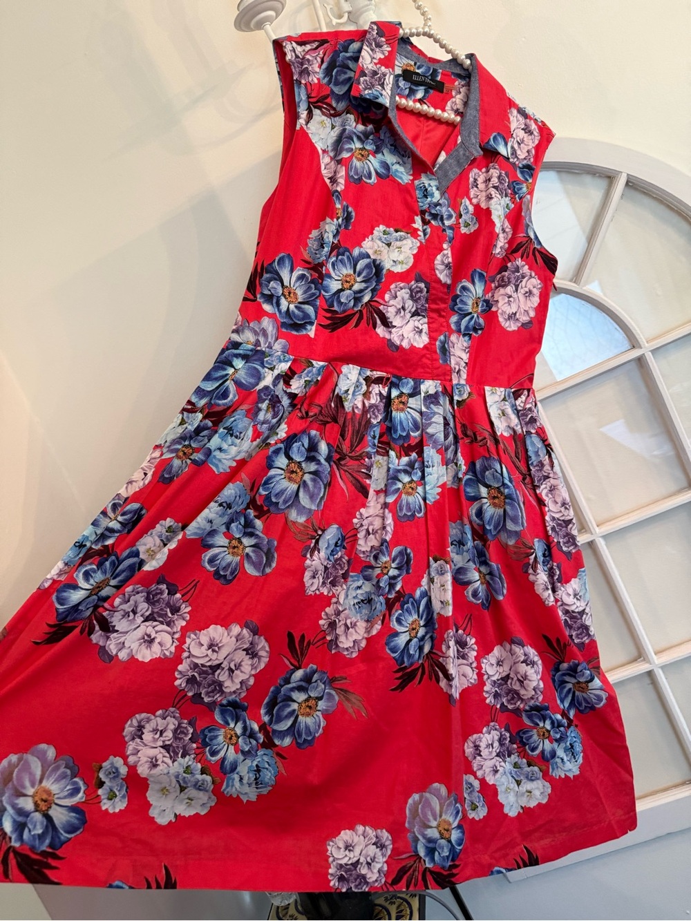Tomato Girl Aesthetic Ellen Tracy Floral Red Blue Dress Size 12 Fit & Flare